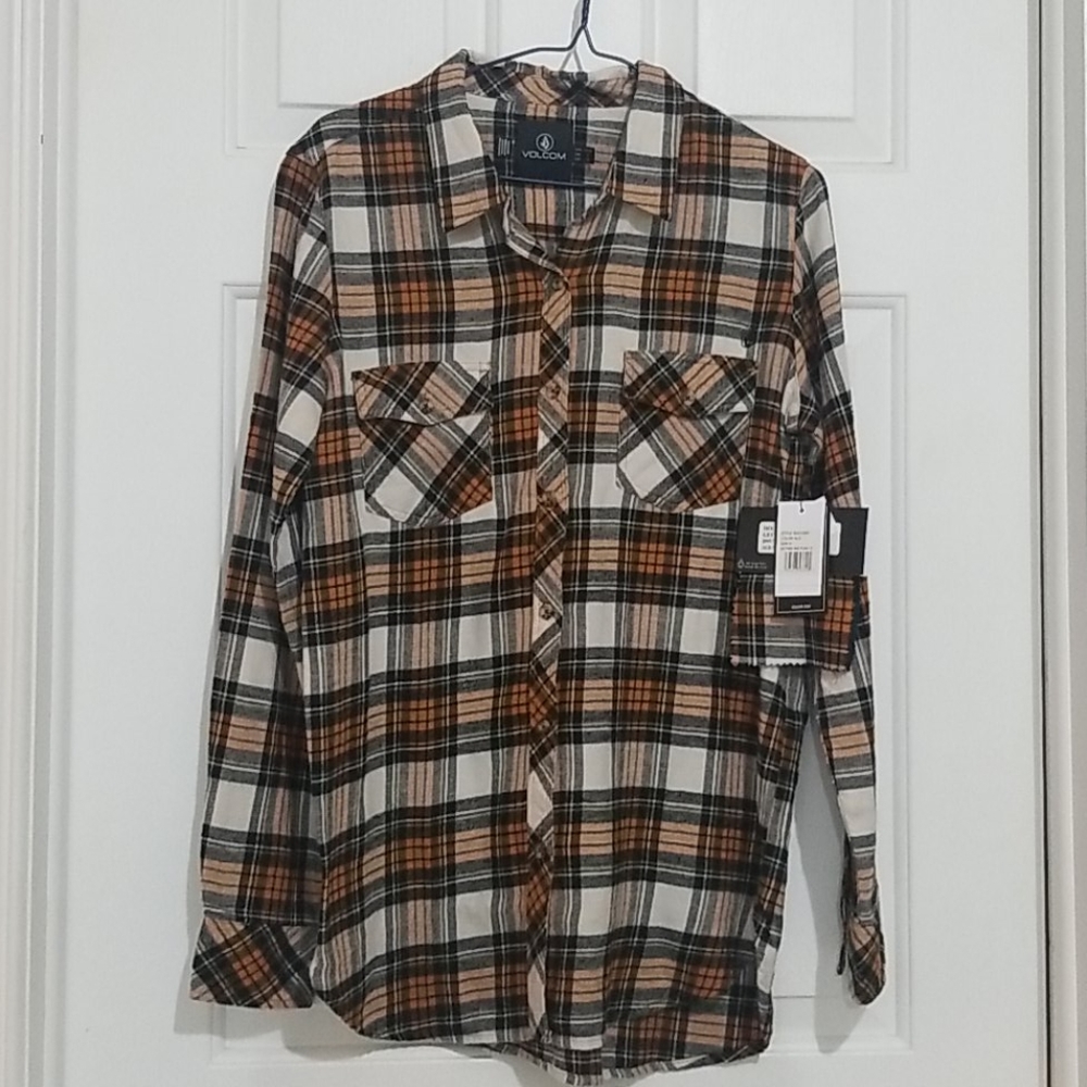 Volcom Orange Plaid Flannel Button Down Shirt
